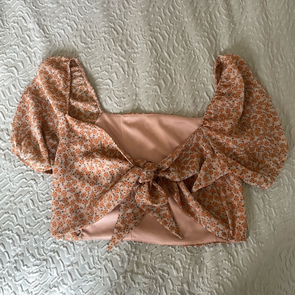 Lane 201 (Endless Blu) Cropped Tan Floral Top with Tie Back Large - Picture 6 of 6